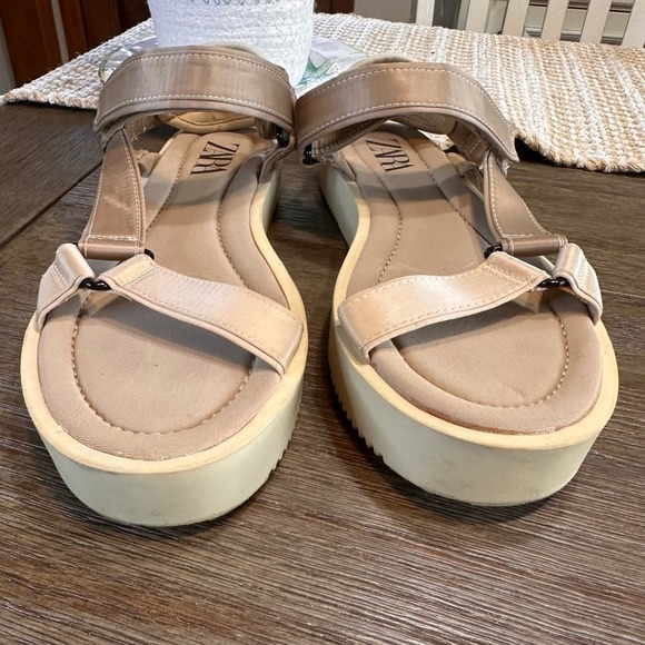 Zara Platform Platform Sandals Strappy Satin Effect Beige Shoes Size EU 37/ US 7 - Picture 8 of 14